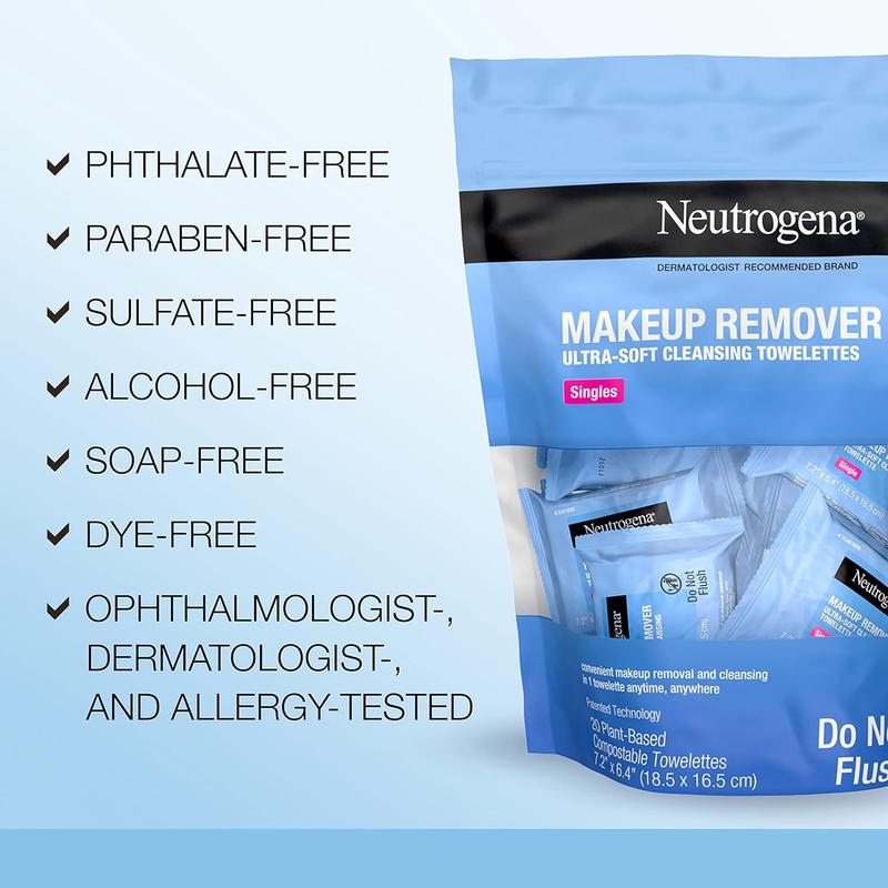 Neutrogena Makeup Remover Facial Cleansing Towelette Singles, Daily Face Wipes Remove Dirt, Oil, Makeup & Waterproof Mascara, Gentle, Individually Wrapped, 100% Plant-Based Fibers, 20 ct