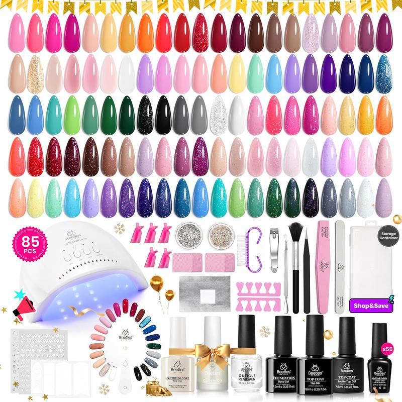 Beetles Gel Nail Polish Kit with U V Light 85 Pcs Seasonal Symphony 55 Colors Gel Polish Nail Set with Diamond Decorations & Nail Art Stickers and Manicure Tools Soak Off All Season Gel Nail Kit