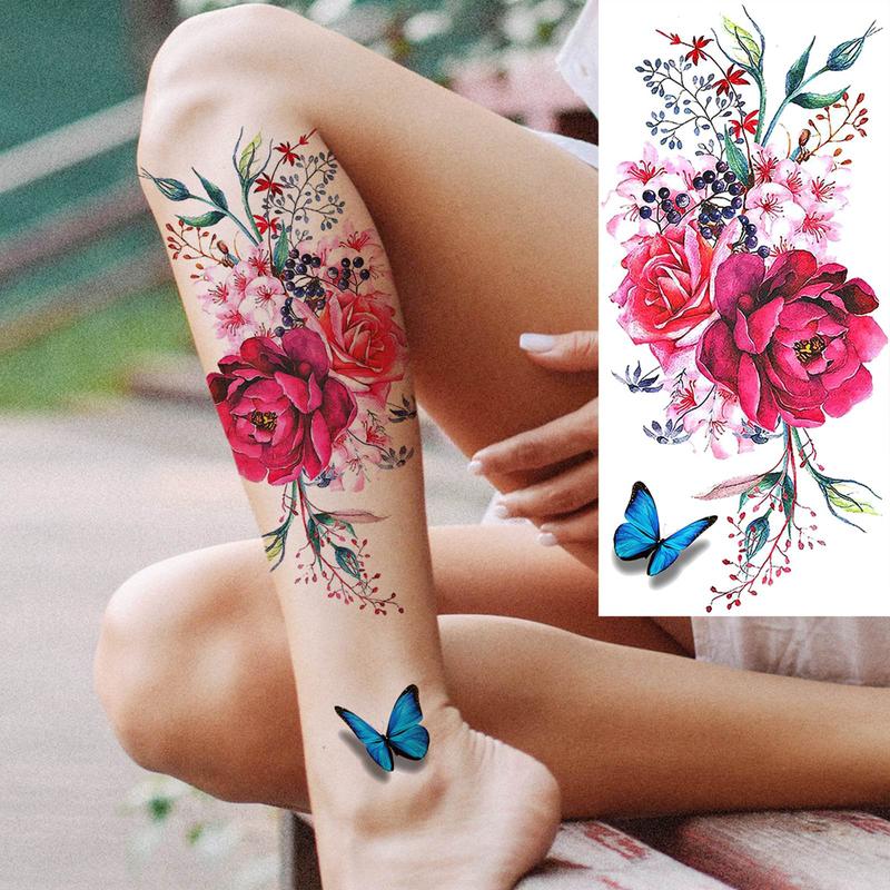 Floral Pattern Temporary Tattoo Sticker, Watercolor Flower Tattoo Sticker, Body Art Decoration for Women & Girls