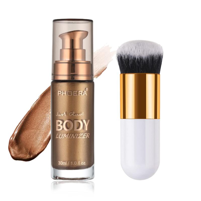 Body Shimmer Oil, Waterproof Long Lasting Moisturizing Body Luminizer Glow For Face , Liquid Illuminator Highlighter 1oz Jars, Makeup Brush Include