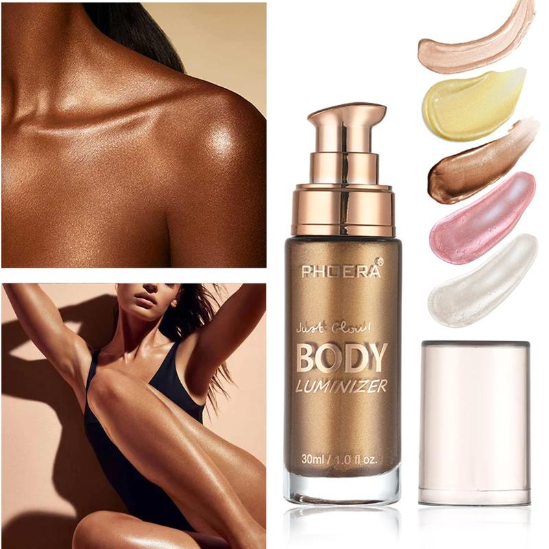 Body Shimmer Oil, Waterproof Long Lasting Moisturizing Body Luminizer Glow For Face , Liquid Illuminator Highlighter 1oz Jars, Makeup Brush Include