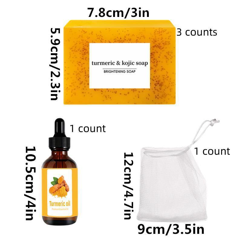 Turmeric Oil Soap Set, 3 Counts Turmeric Soap Bar with 1 Count Soap Saver Bag & 1 Count Turmeric Essential Oil, Moisturizing Skin Care Set for Women & Men, Christmas, Christmas Gift