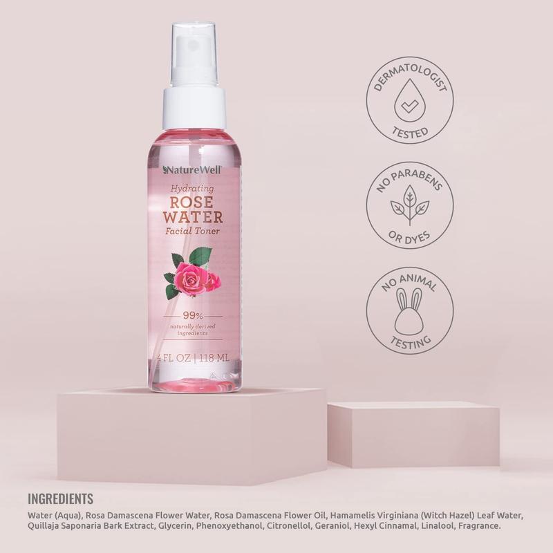 NATUREWELL Rose Water Hydrating Facial Toner Mist for Dewy & Radiant Skin, 100% Vegan, Refreshing, Conditioning, Soothing, Redness Reducing, Perfect for Travel, 4 Fl Oz