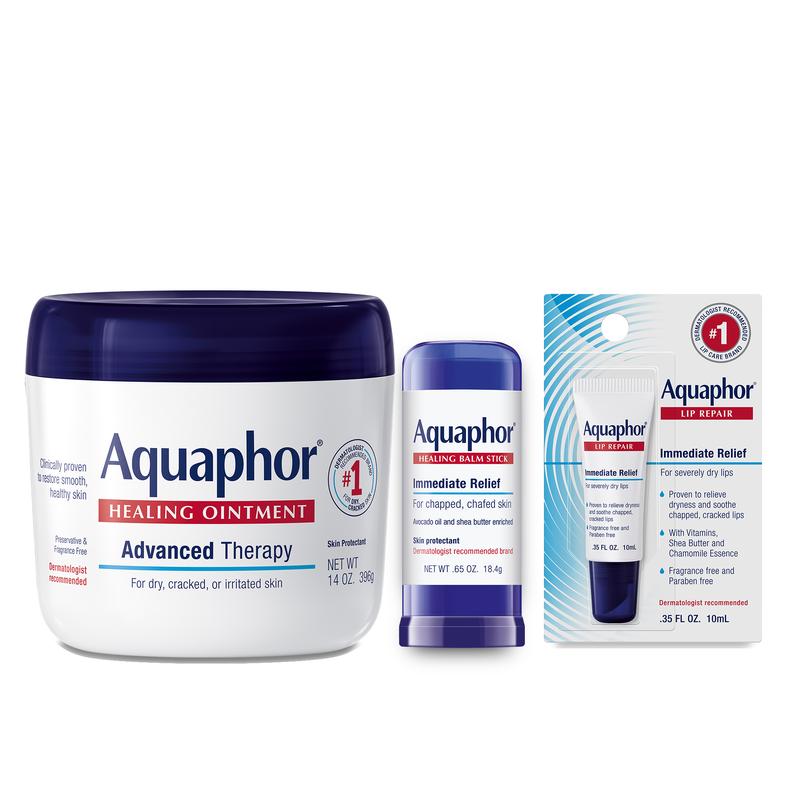 Bestsellers Bundle : Aquaphor Healing Ointment Advanced Therapy Skin Protectant, Dry Skin Body Moisturizer 14 Oz Jar,  Aquaphor Healing Balm Stick, Skin Protectant 0.65 Oz Stick and Aquaphor® Lip Repair .35 fl. oz. Carded Pack