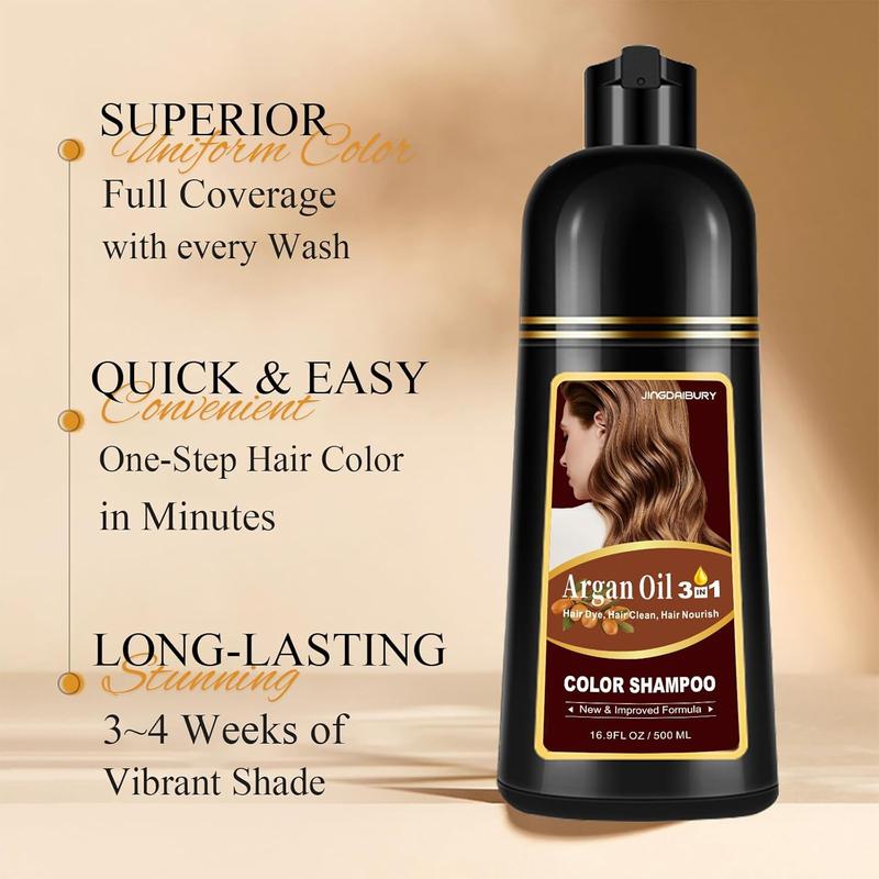 3-in-1 Hair Dye Shampoo Light Brown, Argan Oil Hair Color Shampoo for Gray Hair, Brown Instant Dye Shampoo for Women & Men, Natural Plant Hair Dye Kit Colors Hair in Minutes, Long-Lasting, Easy to Use Haircare