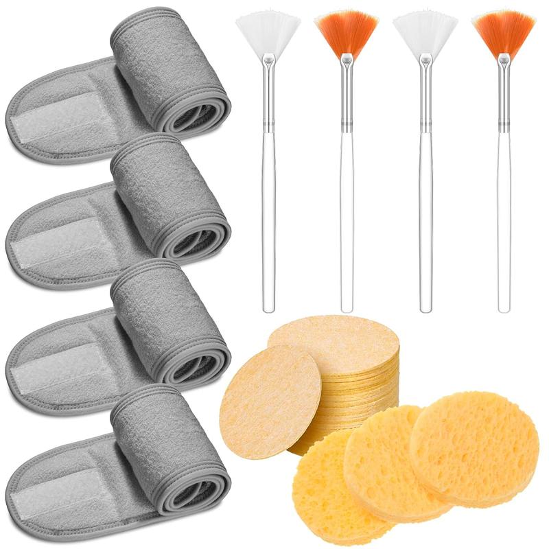 Spa Facial Makeup Head Wrap Kit (28pcs set), Including 4 Counts Adjustable Headband & 20pcs Compressed Facial Sponges, 4 Counts Facial Mask Fan Brushes for Facial Esthetician Supplies