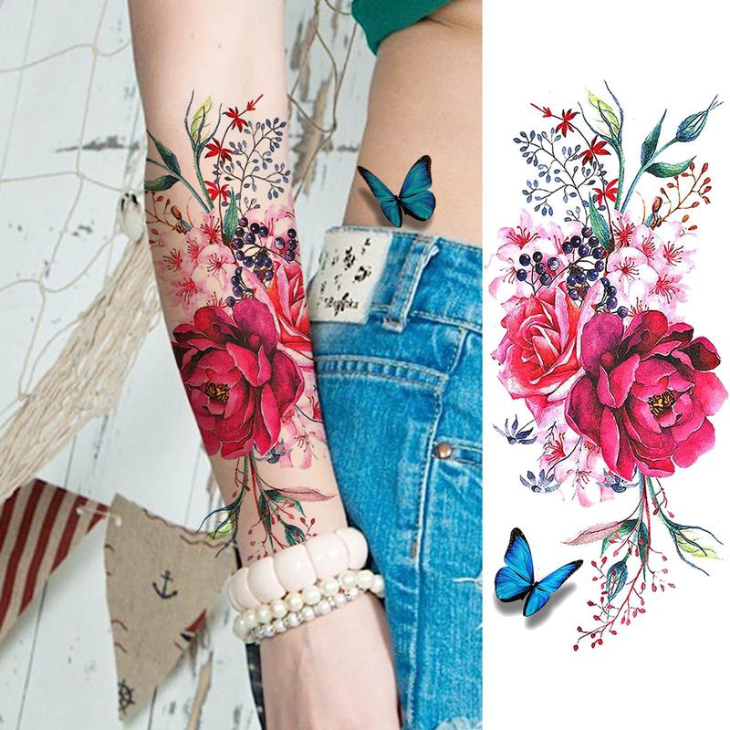 Floral Pattern Temporary Tattoo Sticker, Watercolor Flower Tattoo Sticker, Body Art Decoration for Women & Girls