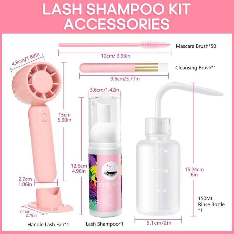 Lash Cleaning Kit-Eyelash Extension Cleanser for Extensions 60ML Lash Shampoo with Rechargeable Handheld Lash Fan Dryer Mascara Brush Rinse Bottle Daily