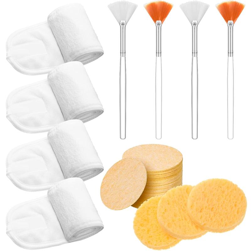 Spa Facial Makeup Head Wrap Kit (28pcs set), Including 4 Counts Adjustable Headband & 20pcs Compressed Facial Sponges, 4 Counts Facial Mask Fan Brushes for Facial Esthetician Supplies