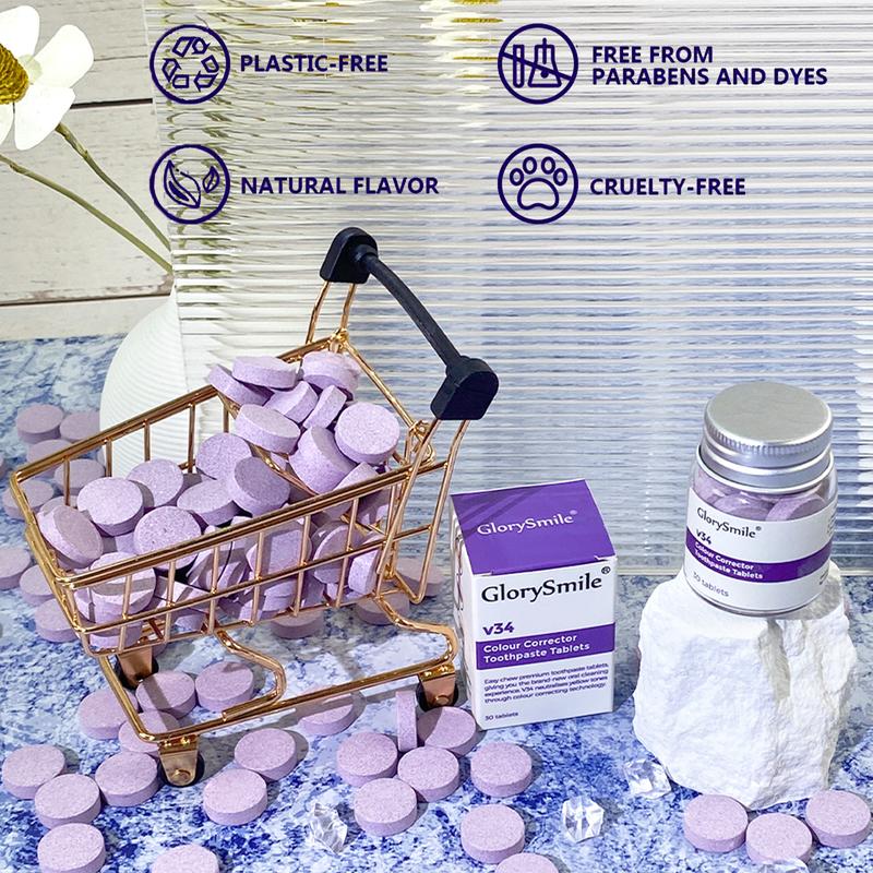 GlorySmile Purple Toothpaste Tablets-30PCS Remineralizing Toothpaste, Chewable Travel Size Vegan Tabs,Glass Jar Oral