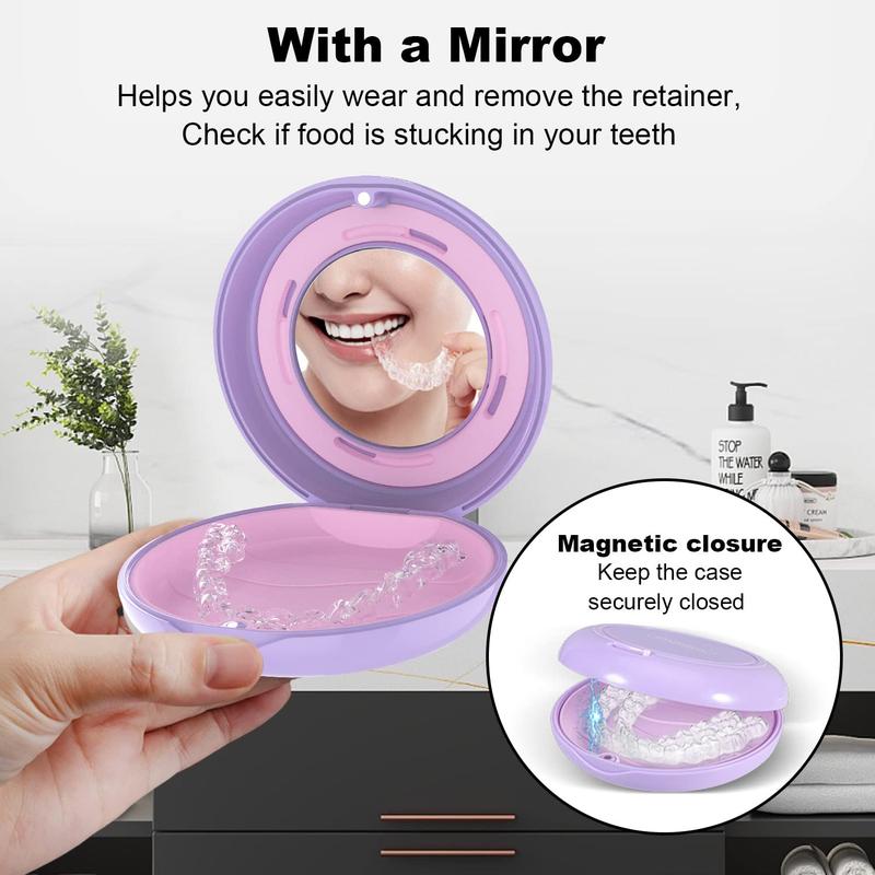 Retainer Case with Mirror and Adjustable Vent Holes, Cute Slim Aligner Case Compatible with Invisalign, Night Mouth Guard Case, Retainer Holder with Retainer Remover Tool, Chew & Brush, Purple