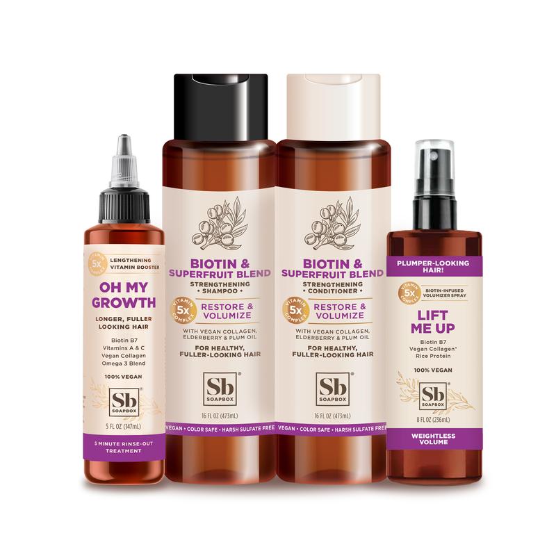 Soapbox Biotin & Superfruit Volumizing Haircare Bundle - Thicker, Fuller Hair - Vegan Collagen, Aloe, Shea Butter - Sulfate-Free, Paraben-Free, Silicone-Free, Color Safe, Vegan - Comprehensive Haircare for All Types - 4 Piece Set