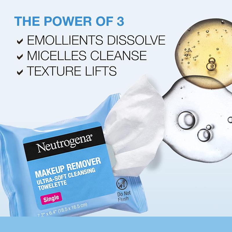 Neutrogena Makeup Remover Facial Cleansing Towelette Singles, Daily Face Wipes Remove Dirt, Oil, Makeup & Waterproof Mascara, Gentle, Individually Wrapped, 100% Plant-Based Fibers, 20 ct