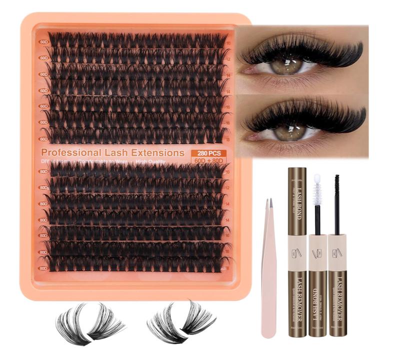 Mavphnee Fluffy Lash Extensions Kit 280Pcs Cluster Eyelash Extensions Thick D Curl Lash Clusters Volume 10-18MM DIY Individual Lashes Kit with Bond and Remover, Eyelash Tweezers(60D&80D 0.07D)