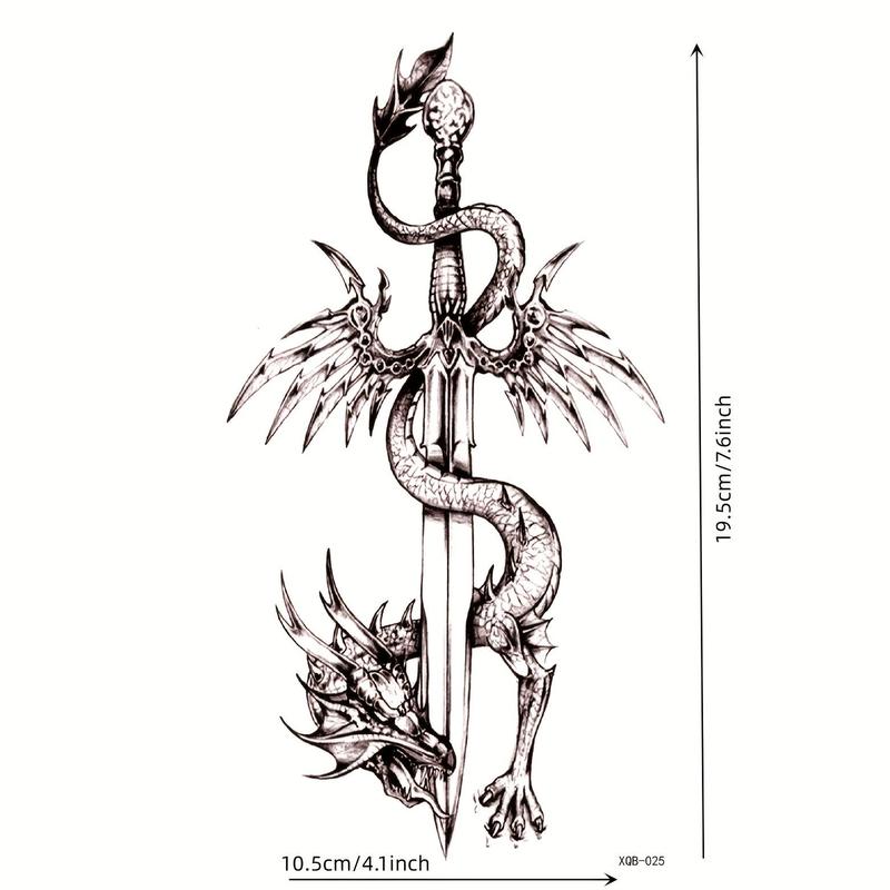 Sword And Dragon Pattern Temporary Tattoo Sticker, 1 Count Realistic Long Lasting Fake Tattoo For Women & Men