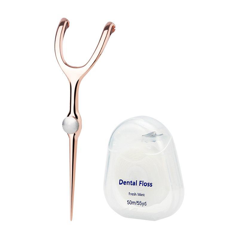 Dental Floss & Stainless Steel Holder Set (2 Counts set), Portable 50 Meter Dental Floss with Storage Bag, Oral Care Tool for Home & Travel, Christmas Gift