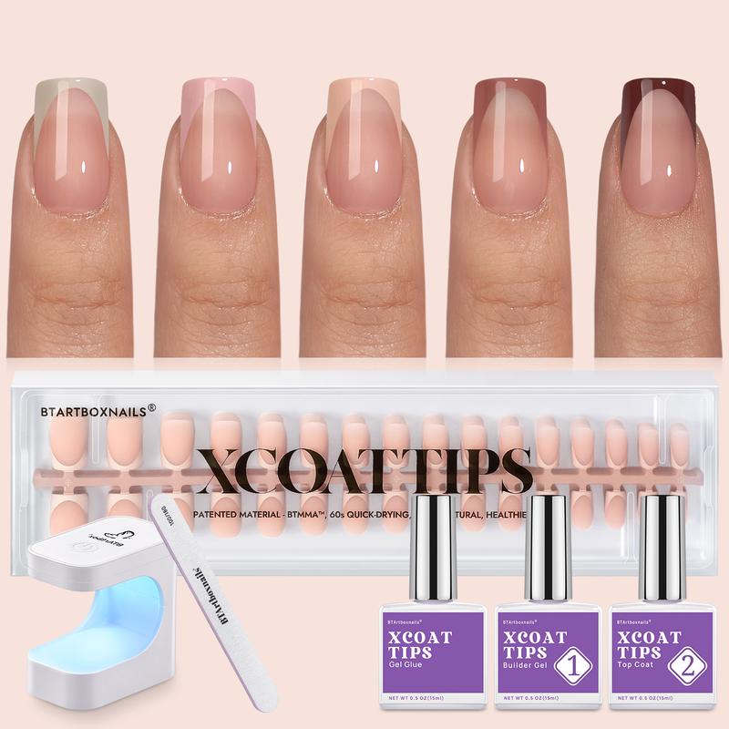 btartboxnails XCOATTIPS French Gel Nails - Skin Tones French Tip Press on Nails, Long Square Nail Tips with Nail Gel, French Protecting Duo, Nail Lamp, All in One Soak Off Acrylic Fake Nail Extension