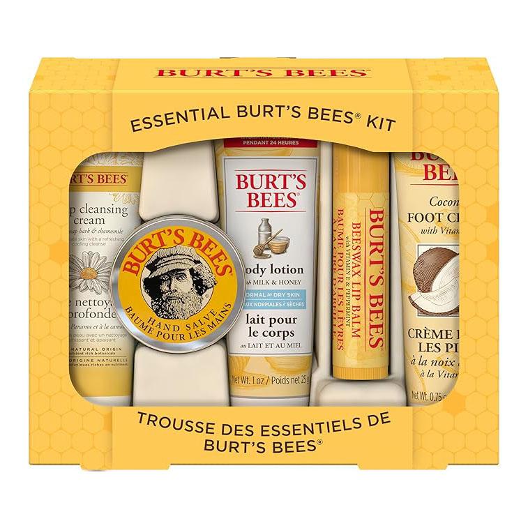 Burt's Bees Christmas Gifts, 5 Stocking Stuffers Products, Everyday Essentials Set - Original Beeswax Lip Balm, Deep Cleansing Cream, Hand Salve, Body Lotion & Coconut Foot Cream, Travel Size