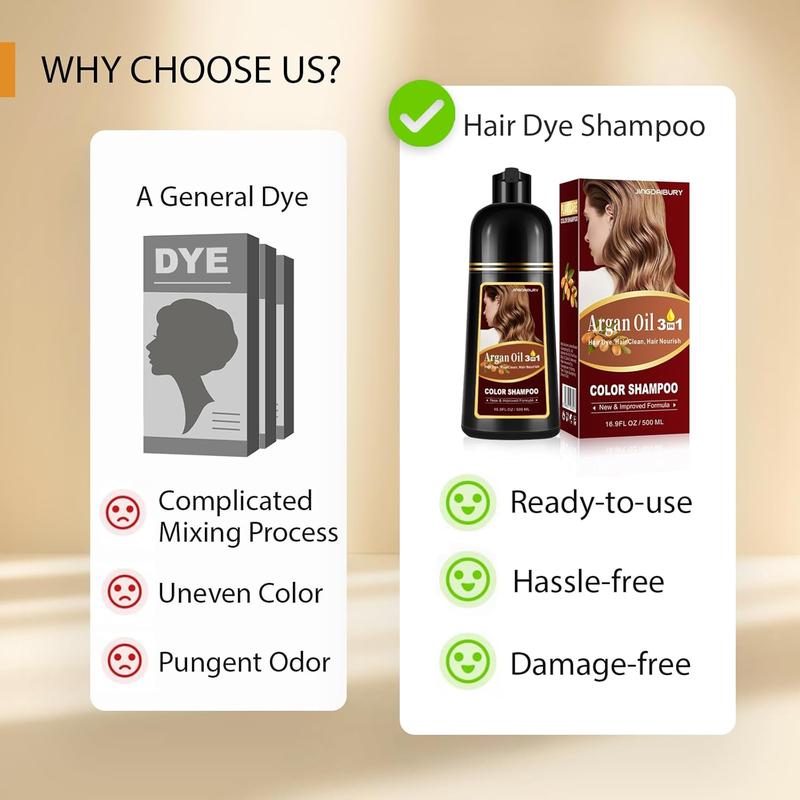 3-in-1 Hair Dye Shampoo Light Brown, Argan Oil Hair Color Shampoo for Gray Hair, Brown Instant Dye Shampoo for Women & Men, Natural Plant Hair Dye Kit Colors Hair in Minutes, Long-Lasting, Easy to Use Haircare