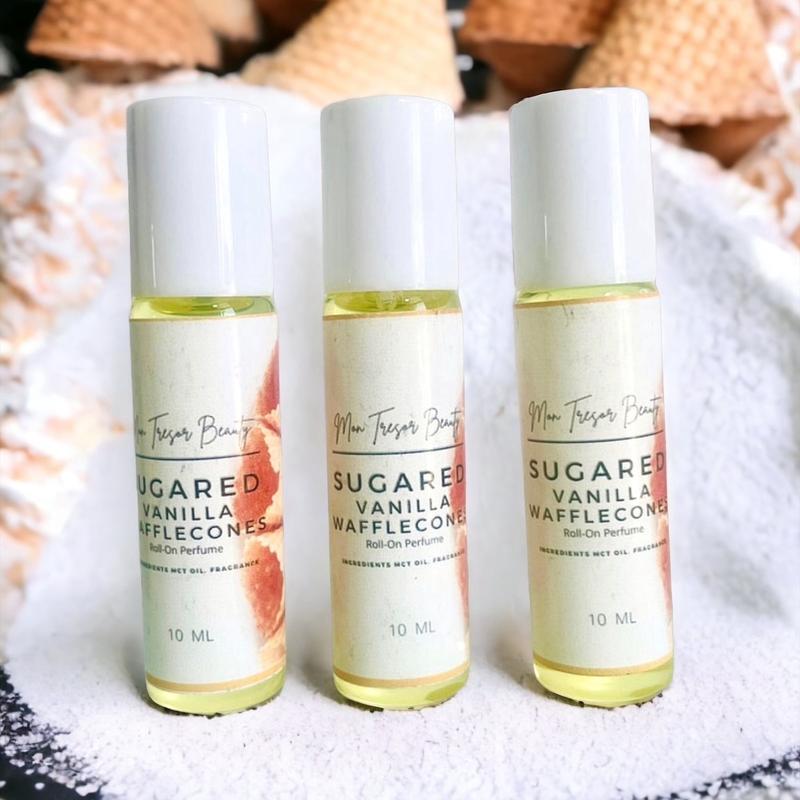 Sugared Vanilla Waffle Cone Body Oil Roll-On, woman, scented body oil roll-on, vanilla, waffle cones, warm baked dough, layering, cruelty free, vegan friendly Body Care Fragrance Aroma vanilla scent