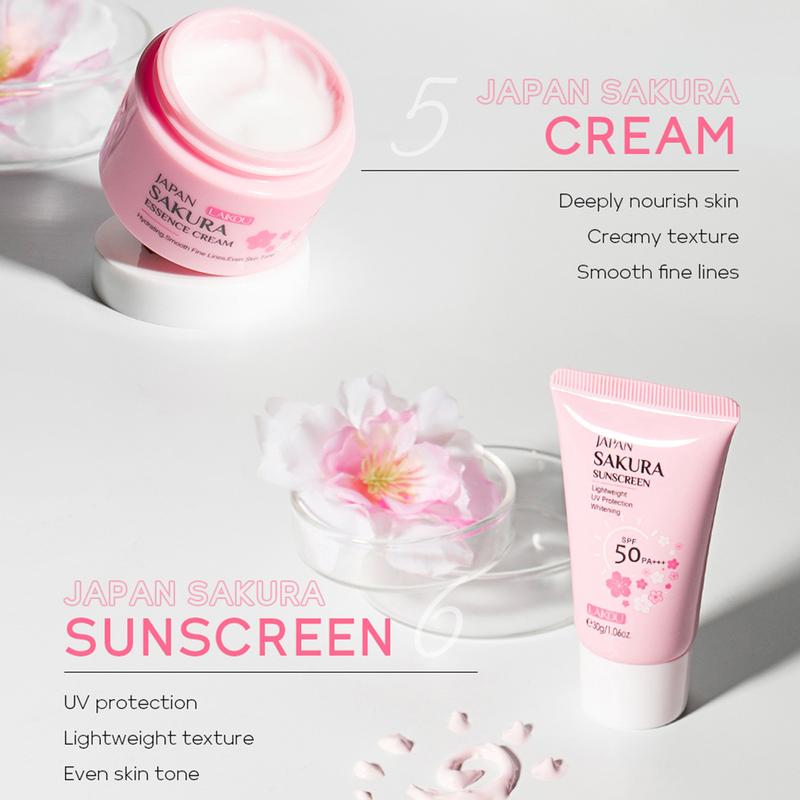 Skin Care Set JAPAN SAKURA Women Beauty Gift Sets Skin Care Kit with Cleanser, Toner, Lotion, Serum, Eye Cream, Face Cream Travel Kit for Women Teen Girls Mom Daughter TSA-friendly Sizes 6pcs