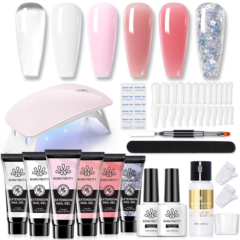 BORN PRETTY Poly Nail Extension Gel 6 Colors Gel Polish Set Nude Clear Jelly Pink All In One Kit Builder Glue Gel with Nail Lamp Base Top Coat Set Nail Forms Polygel Nail Kits French Manicure Set for Beginner DIY at Home Nail Polish Nail Art Nail Care