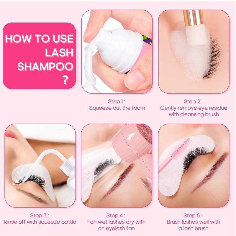 Lash Cleaning Kit-Eyelash Extension Cleanser for Extensions 60ML Lash Shampoo with Rechargeable Handheld Lash Fan Dryer Mascara Brush Rinse Bottle Daily