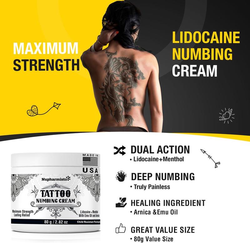 Tattoo Numbing Cream: Maximum Strength Lidocaine & Menthol for Long-Lasting Pain Relief During Tattoos, Piercings, and Waxing for All Skin Types