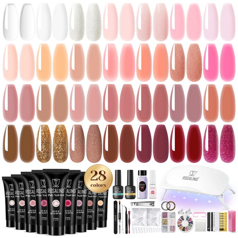 ROSALIND Poly Nail Gel Kit, 28 Colors Clear Nude Brown Poly Nail Gel Kit with U V Light Poly Nail Gel Starter Kit For All Seasons Beginner DIY at Home