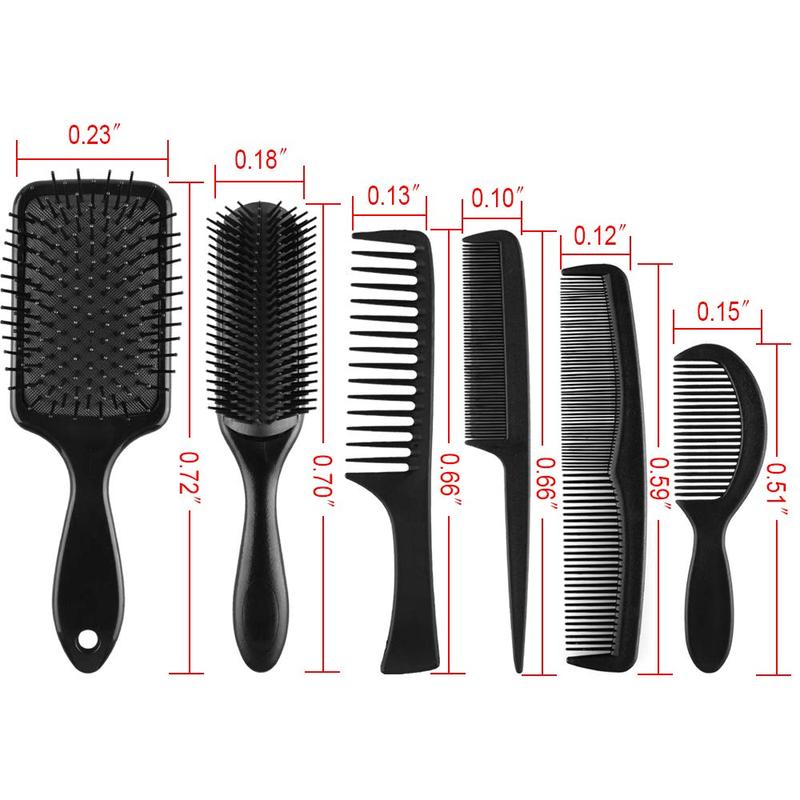 6 count Hair Brush Comb Set Paddle Brush Detangle Hair Brush and Black Combs for Men and Women Wet, Dry, Curly and Straight Hair