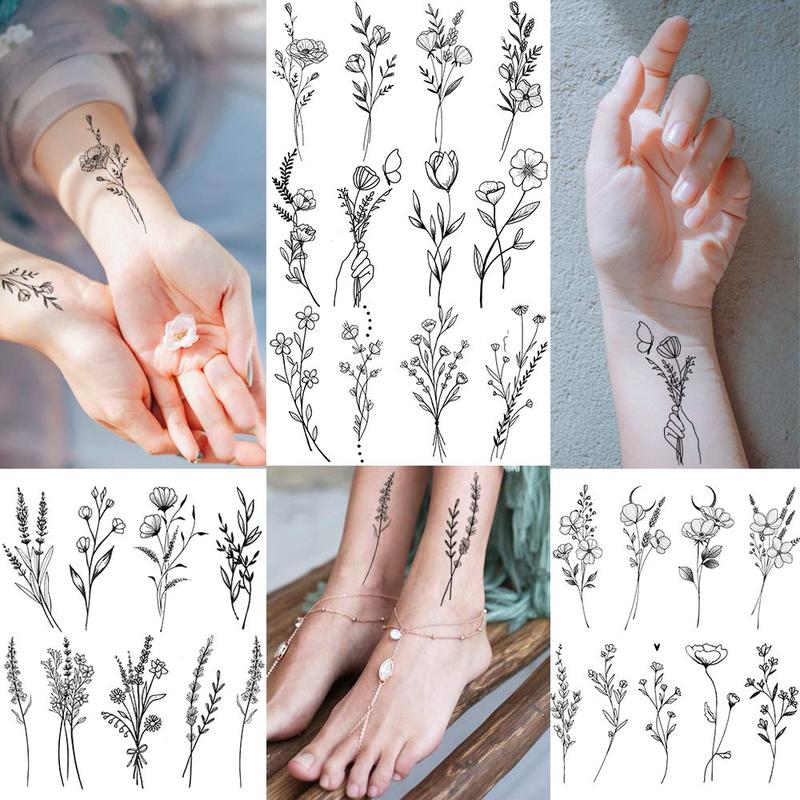 Flower & Plant Pattern Temporary Tattoo Sticker, 15pcs Creative Fake Tattoo Sticker, Body Art Sticker for Women & Men