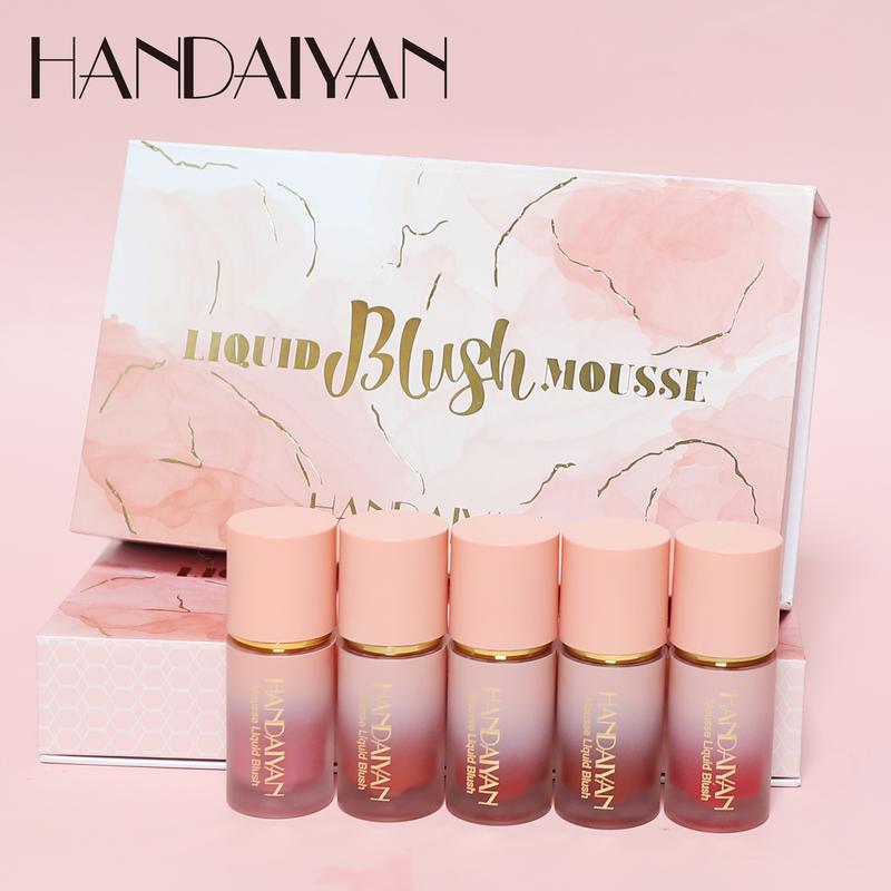 HANDAIYAN Pack of 5 Colors Mousse Liquid Blush Set Gift Set, Mousse Liquid Blusher With Sponge Tip, Easy to Apply on Cheek, Creating 3D Natural Makeup