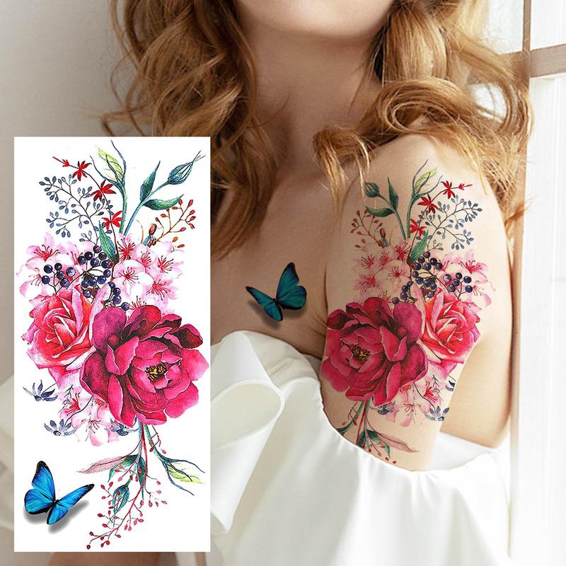 Floral Pattern Temporary Tattoo Sticker, Watercolor Flower Tattoo Sticker, Body Art Decoration for Women & Girls