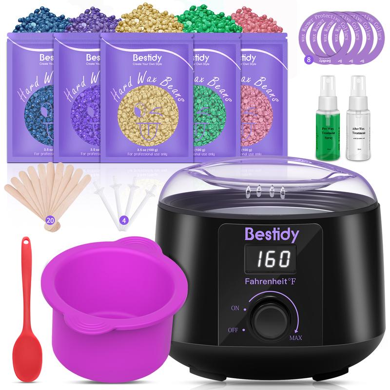 Bestidy Waxing Kit for Women and Men Home Wax Warmer with 5 Pack Hard Wax Beads Hot Wax Hair Removal for Brazilian Body Underarm Bikini Chest Legs Face Eyebrow