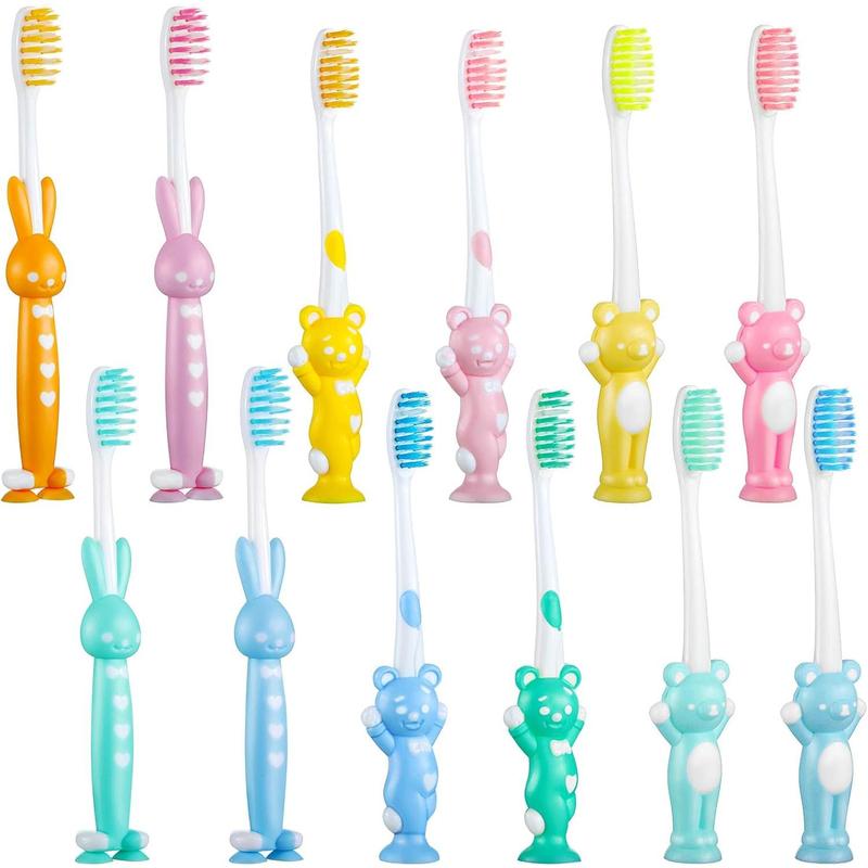 12 Pcs Toddler Toothbrush for Age 2 and Above Kids Children Manual Toothbrush Set Soft Contoured Bristles Boys and Girls Cute Colorful Toothbrush with Suction Cup for Storage