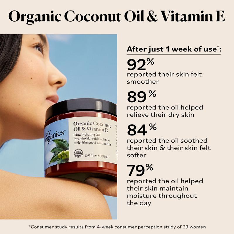 Sky Organics Coconut Oil, Organic Virgin Coconut Oil & Vitamin E for Skin & Hair, Helps Hydrate, Condition & Soften, Moisturizing Hair Oil & Body Oil, Cold-Pressed & Unrefined, 16.9 fl oz Haircare Moisture