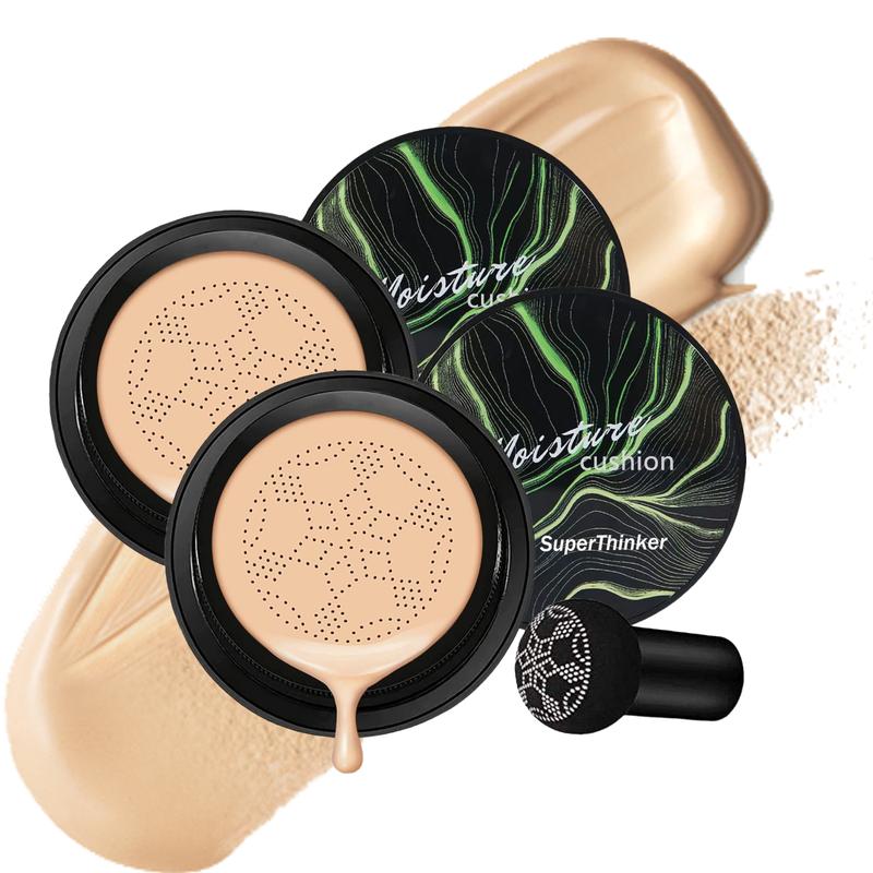 2 Pcs CC Cream Foundation with Mushroom-Shaped Air Cushion Applicator – Moisturizing Concealer for Waterproof, Oil Control, Long-Lasting Natural Makeup, Even Skin Tone for All Skin Types (Natural)