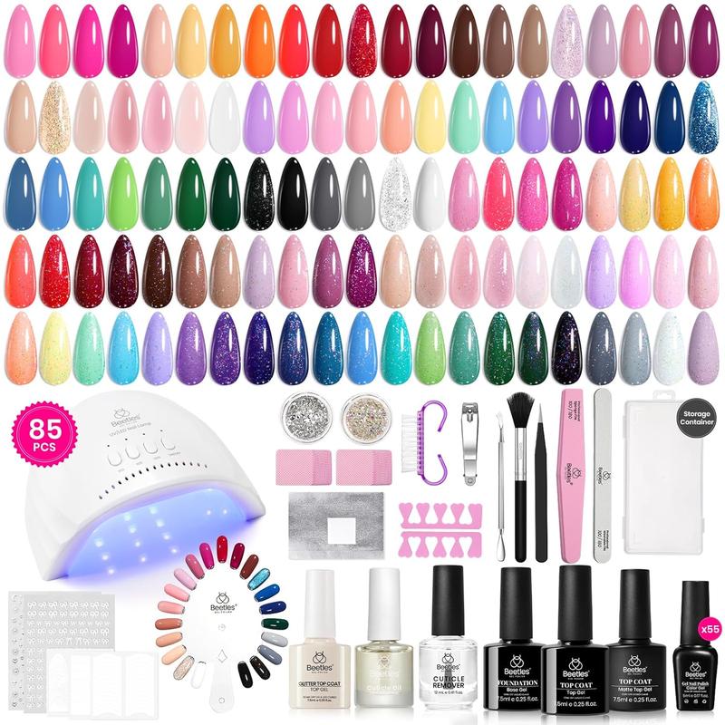 Beetles Gel Nail Polish Kit with U V Light 85 Pcs Seasonal Symphony 55 Colors Gel Polish Nail Set with Diamond Decorations & Nail Art Stickers and Manicure Tools Soak Off All Season Gel Nail Kit