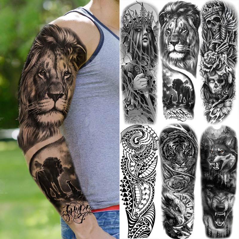 Lion & Skull Pattern Temporary Tattoo Sticker, Self Adhesive Fake Tattoo Sticker, Body Art Decoration for Men & Women, Party Supplies, Tattoo Cardigan