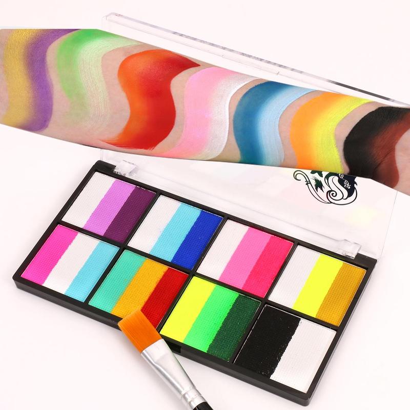 8 Color Face Paint Palette with Brush, 2 Counts set Long Lasting Body Paint Palette, Body Makeup Kit for Cosplay Party