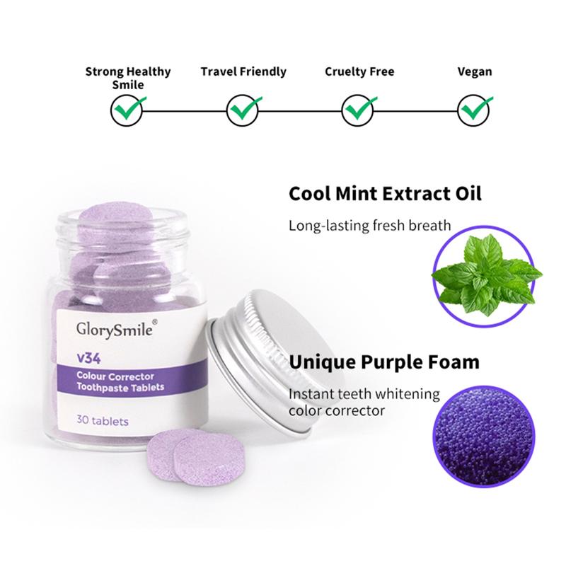 GlorySmile Purple Toothpaste Tablets-30PCS Remineralizing Toothpaste, Chewable Travel Size Vegan Tabs,Glass Jar Oral