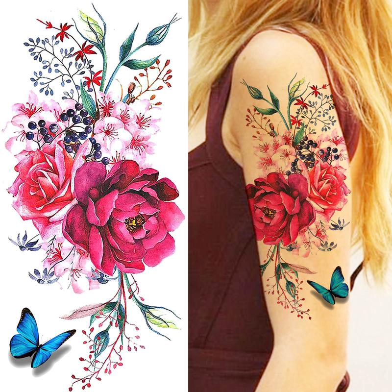 Floral Pattern Temporary Tattoo Sticker, Watercolor Flower Tattoo Sticker, Body Art Decoration for Women & Girls