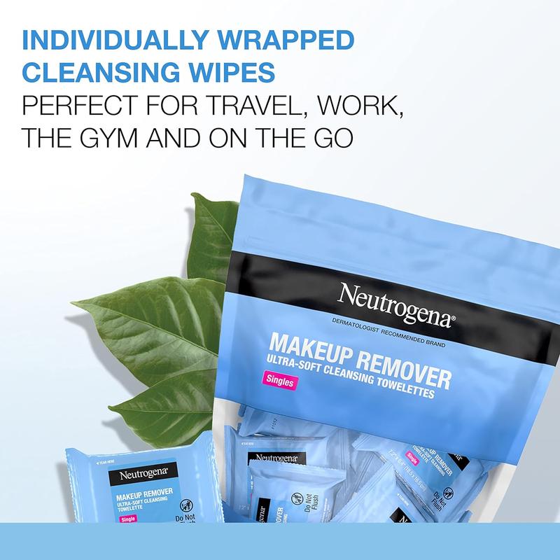 Neutrogena Makeup Remover Facial Cleansing Towelette Singles, Daily Face Wipes Remove Dirt, Oil, Makeup & Waterproof Mascara, Gentle, Individually Wrapped, 100% Plant-Based Fibers, 20 ct