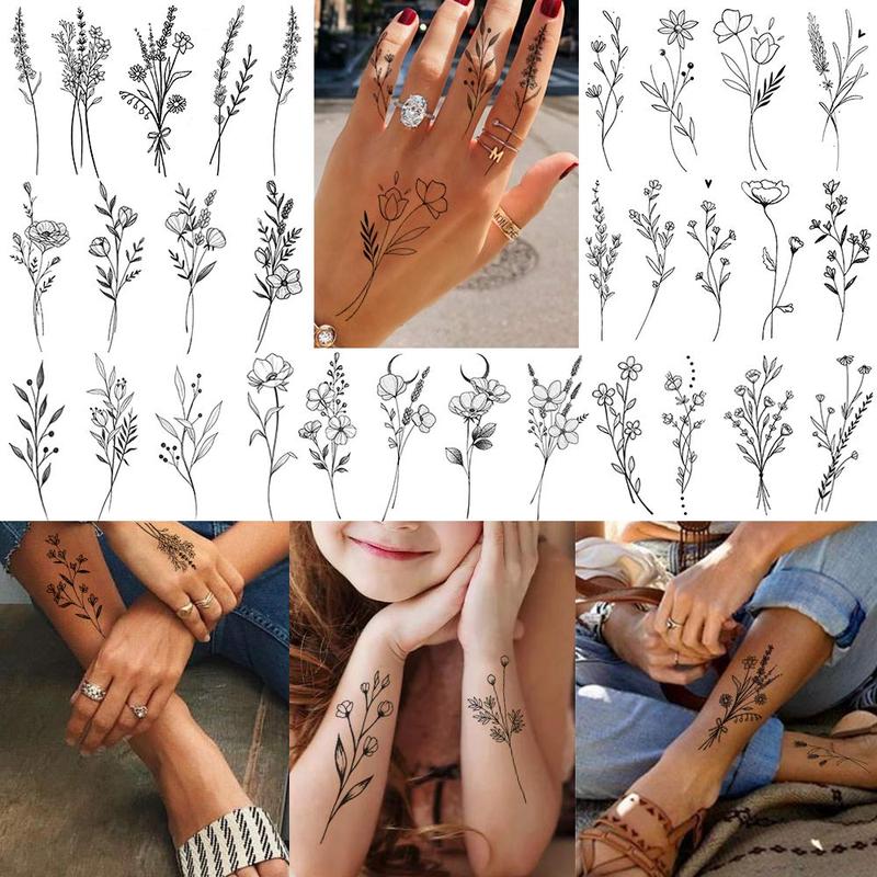 Flower & Plant Pattern Temporary Tattoo Sticker, 15pcs Creative Fake Tattoo Sticker, Body Art Sticker for Women & Men