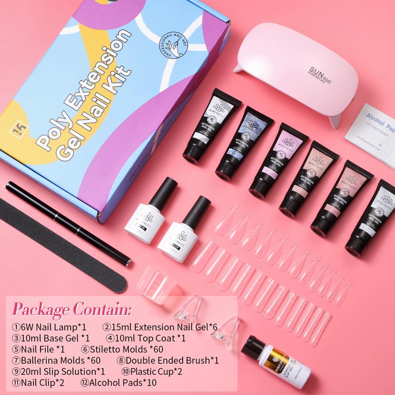 BORN PRETTY Poly Nail Extension Gel 6 Colors Gel Polish Set Nude Clear Jelly Pink All In One Kit Builder Glue Gel with Nail Lamp Base Top Coat Set Nail Forms Polygel Nail Kits French Manicure Set for Beginner DIY at Home Nail Polish Nail Art Nail Care