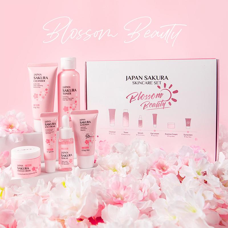 Skin Care Set JAPAN SAKURA Women Beauty Gift Sets Skin Care Kit with Cleanser, Toner, Lotion, Serum, Eye Cream, Face Cream Travel Kit for Women Teen Girls Mom Daughter TSA-friendly Sizes 6pcs