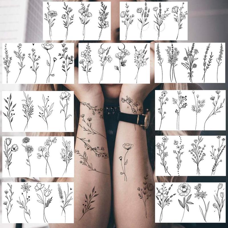 Flower & Plant Pattern Temporary Tattoo Sticker, 15pcs Creative Fake Tattoo Sticker, Body Art Sticker for Women & Men