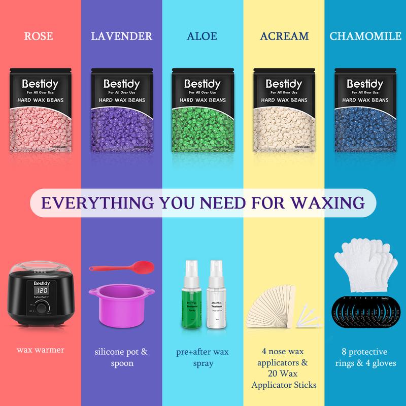 Bestidy Waxing Kit for Brazilian Wax - Easy to Use - For Sensitive Skin - Digital Display - Contains five packs of wax beans for home body care