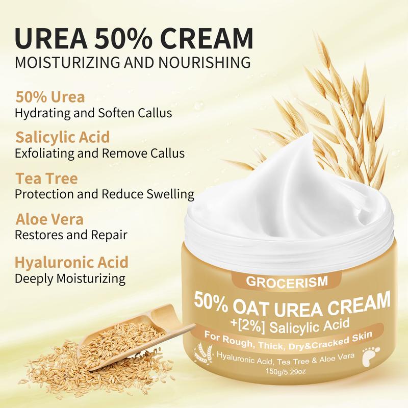 Grocerism 50% Urea Foot & Hand Cream with Oat Extract | Ultimate Hydration & Callus Removal for All Skin Types – Perfect for Cracked Heels & Hands, 5.29 oz