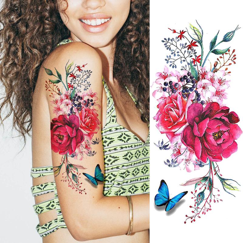 Floral Pattern Temporary Tattoo Sticker, Watercolor Flower Tattoo Sticker, Body Art Decoration for Women & Girls